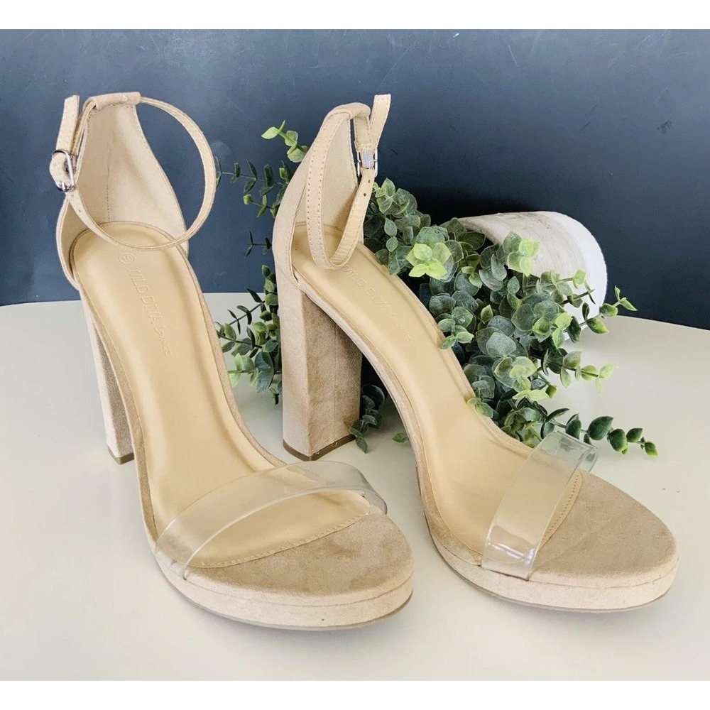 Wild Diva Lounge MORRIN-51 Shoes Womens Size‎ 10 Beige Clear Strap Block Heels